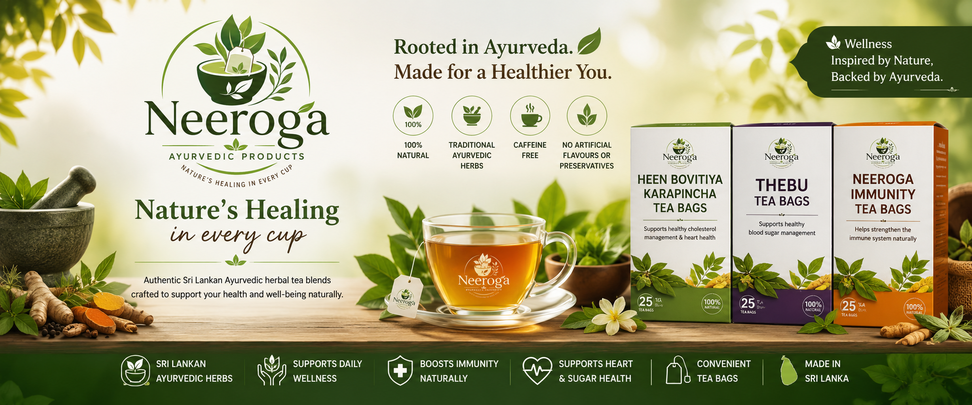 Neeroga Ayurvedic tea bag range - Heen Bovitiya Karapincha, Thebu, and Immunity tea
